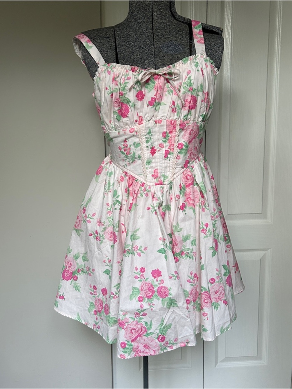 Trixxi Pastel Pink Floral Slip Dress with Green Accents